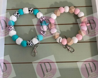 Ready to Ship Beaded Bangle Cowboy hat teal or pink cow print Keychain/beaded Bangle for her/pink or teal cowboy wristlet
