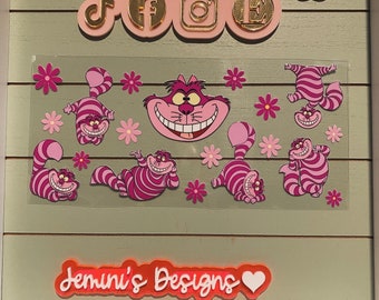 Striped smiling cat/ pink grinning cat| Hearts , tea party uvdtf 16oz uvdtf cup wrap ready to press | Mad cat