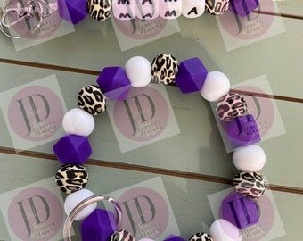 Ready to Ship Beaded Bangle purple leopard print Keychain/ mama Keychain or both /beaded Bangle for her/purple  wristlet/bangle Keychain