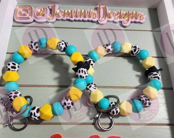 Ready to Ship Beaded Bangle Cowboy hat teal& yellow cow print Keychain/beaded Bangle for her/teal/ yellow cowboy wristlet/bangle