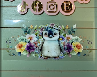 UV DTF 16 oz Glass can Ready to Apply| Baby Penguin floral uvdtf wrap | Permanent decal | No heat needed | Waterproof material