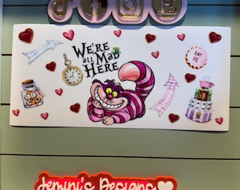 Striped smiling cat/ pink grinning cat| Hearts , tea party uvdtf 16oz uvdtf cup wrap ready to press | Mad cat