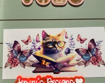 Cat reading book, butterfly uvdtf 16oz uvdtf cup wrap ready to press |  cat with book, butterflies
