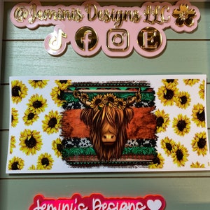 UV DTF 16 oz Glass can Ready to Apply| Highland cow  & Sunflower | uvdtf wrap | Permanent decal | No heat needed | Waterproof material