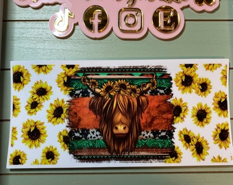 UV DTF 16 oz Glass can Ready to Apply| Highland cow  & Sunflower | uvdtf wrap | Permanent decal | No heat needed | Waterproof material