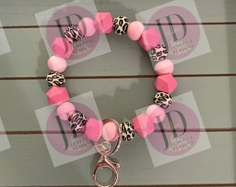 Ready to Ship Beaded Bangle two tone/pink leopard /Keychain/beaded Bangle for her/pink Keychain/beaded leopard bangle bracelet