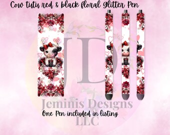 Highland tutu cow black & red floral pen wrap Glitter pen, pen wrap with Lots of vibrant colors sparkle.   Gorgeous glitter pen/highland