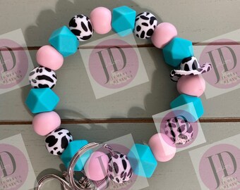 Ready to ship Beaded Bangle western Cowboy hat teal & pale pink cow print Keychain/beaded Bangle for her/teal and pink cowboy wristlet