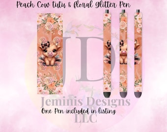 Highland cow tutu ballerina peach floral pen wrap Glitter pen, pen wrap with Lots of vibrant colors sparkle.   Gorgeous glitter pen