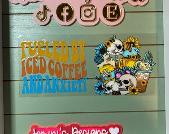 Fueled by iced coffee & anxiety   | uvdtf 16oz or 20 oz  uvdtf cup wrap ready to press | skull and  flowers uvdtf cup wrap