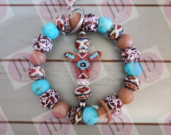 Aztec cow beaded wristlet and Keychain BAR/beaded mini Keychain BAR & wristlet/aztec cow dangle Keychain bar and wristlet combo