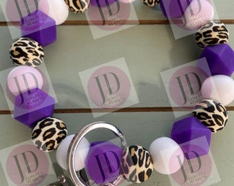 Ready to Ship Beaded Bangle purple leopard print Keychain/beaded Bangle for her/purple wristlet/bangle purple leopard bracelet