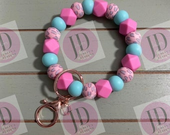 Beaded Bangle Rainbow pink & light teal Keychain/beaded Bangle for her/pink and teal rainbow wristlet Bangle bracelet
