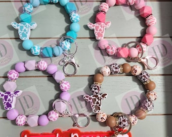 Stretchy/Elastic Beaded Bangle Cow head & bling Elastic Keychain/beaded Bangle for her/ beaded cow print stretchy Bangle wristlet