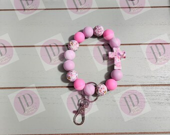 Stretchy/Elastic floral pink cross Beaded Bangle lavender and pink  floral print Elastic Keychain/beaded Bangle for her/