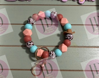 Western Beaded Bangle Cowboy hat teal, peach & brown cow print Keychain/beaded Bangle for her/teal, peach and brown cowboy wristlet/bangle