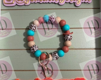Western Beaded Bangle Cowboy hat light teal or dark teal & brown cow print Keychain/beaded Bangle for her/teal and brown cowboy wristlet