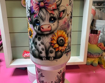 Highland cow black and color sunflower & butterfly 40oz  tumbler,  blue eyed highland with leopard bows tumbler/ highland sunflower tumbler