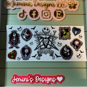 UV DTF 16 oz Glass can Ready to press|  Halloween  nightmare jack and sally  | uvdtf wrap | Permanent decal | No heat needed | Waterproof