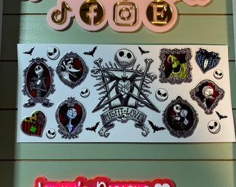 UV DTF 16 oz Glass can Ready to press|  Halloween  nightmare jack and sally  | uvdtf wrap | Permanent decal | No heat needed | Waterproof