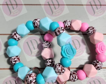 Ready to Ship Beaded Bangle brown cow & rose teal or pink cow print Keychain/beaded Bangle for her/pink or teal cow wristlet