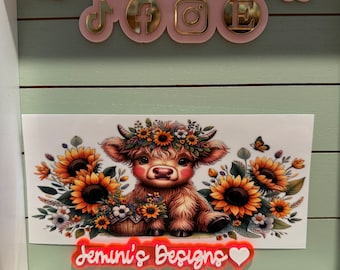 UV DTF Ready to Apply| Highland baby cow & sunflower uvdtf wrap | Permanent decal | No heat needed | Waterproof material