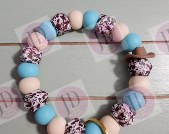 Beaded Bangle Cowboy hat light blue/tan/ brown Keychain/beaded Bangle for her/brown/blue/tan cowboy wristlet Bangle bracelet