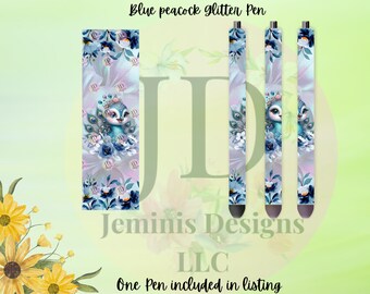 Blue Peacock glitter pen wrap pen, pen wrap with Lots of vibrant colors sparkle. Peacock glitter pen and flowers/ floral peacock pen
