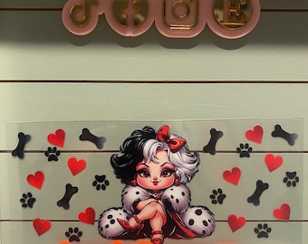 UV DTF 16 oz Glass can Ready to press|  spotted dogs cartoon Villainess / dog bone  wrap | Permanent decal | No heat needed | Waterproof