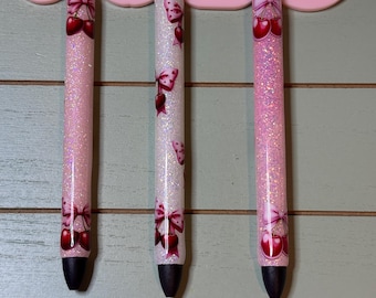 Cherry glitter pen, pink glitter pen with lots of sparkle. Cherries glitter pen