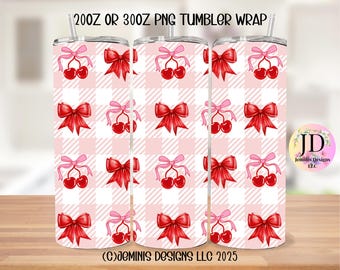 Coquette cherry & bows PNG file design for tumbler sublimation. Pink bows and strawberry/ fits 20 or 30 oz tumblers.  PNG Digital file