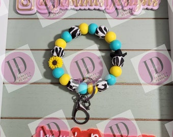 Beaded Bangle Cowboy hat teal & yellow cow print Keychain/beaded Bangle for her/teal and yellow cowboy wristlet/bangle