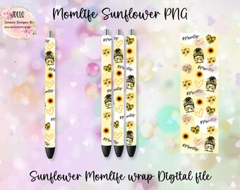 Mom Life sunflower pen wrap [PNG] Digital File Mom Life, sunflower print pen wrap,  mom png, hearts- transparent and background color files