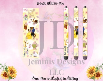 Glitter Gel character beast/Tale as old as time pen.  Girl and magical characters pen/pen wrap yellow design. Glitter on top/ bttm of pen