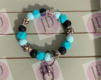 Ready to Ship Beaded Bangle black/teal leopard /Keychain/beaded Bangle for her/teal/black Keychain/beaded leopard bangle bracelet wristlet