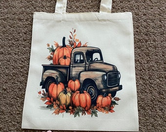Canvas tote bag/ custom Pumpkin and truck fall bag/Reusable shopping bag/Vibrant Fall canvas bag/Fall tote/Old truck and pumpkin tote