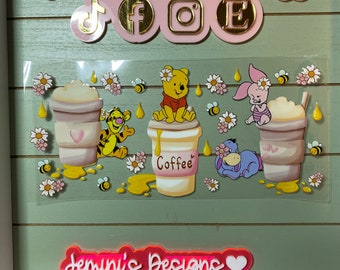 Cute bear, tiger, and pig bumblebee coffee 16oz uvdtf cup wrap ready to press | yellow bear coffee uvdtf cup wrap