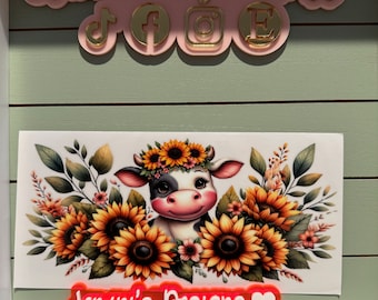 UV DTF Ready to Apply| Highland cartoon baby cow & sunflower uvdtf wrap | Permanent decal | No heat needed | Waterproof material