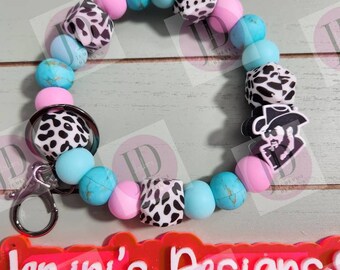 Ready to Ship Beaded Bangle Cowboy pi k/turquoise Keychain/beaded Bangle for her/cowboy wristlet Bangle bracelet