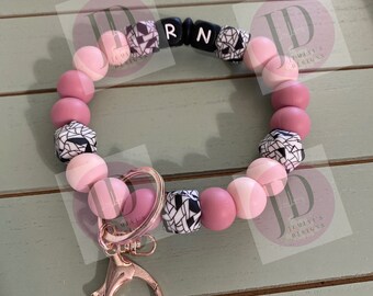 Ready to Ship Beaded RN Bangle Blush & pink Keychain/beaded Bangle for her/geometric print wristlet/bangle Blush and pink bracelet