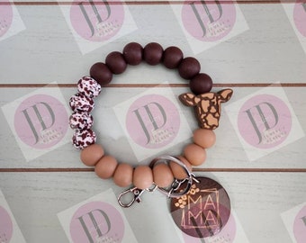 Beaded Bangle Cow head browns keychain/beaded Bangle for her/wood mama charm/cow print beads/ gift for her