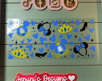 UV DTF 16 oz Glass can Ready to press|  Princess Mouse ears, crown, slippers  | uvdtf wrap | Permanent decal | No heat needed | Waterproof