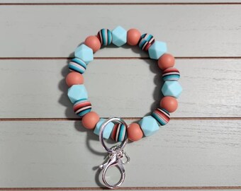 Serape Beaded Bangle  print, serape print turquoise Keychain/beaded Bangle for her/terracotta serape wristlet Bangle bracelet