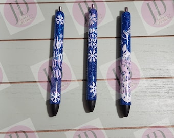 Set of 3 blue glitter with white decals. Baby its cold outside/Santa why you be judging/Merry Christmas snowman