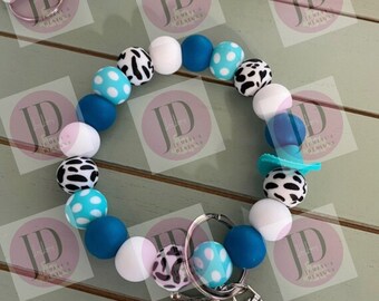 Ready to Ship Beaded Bangle teal cow  print Keychain/ mama Keychain or both /beaded Bangle for her/teal  wristlet/bangle pair