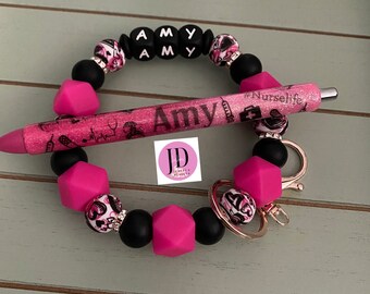 Custom beaded Keychain & glitter gel pen  set/ custom name Bangle and glitter pen.  Choose what color beads and glitter
