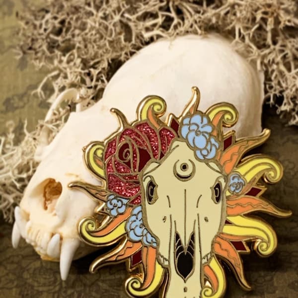 Summer edition Mari Lwyd horse skull glitter enamel pin folklore midsommar Halloween MariLwyd sun