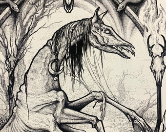 Each Uisge print, archival paper, Kelpie illustration waterhorse folklore