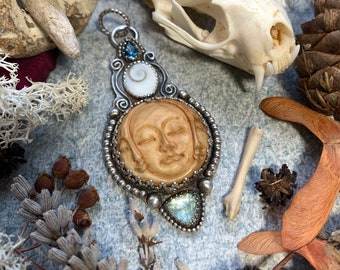 Triple moon goddess pendant sterling and fine silver carved bone, tourmaline, shiva eye and topaz