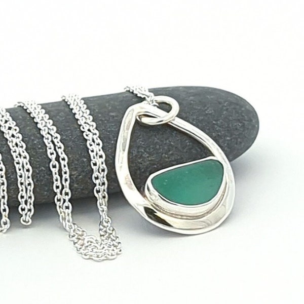 Sea glass necklace handmade in 925 sterling silver. A Maine gift for her. Simple modern jewelry using sea glass tumbled by beach waves.